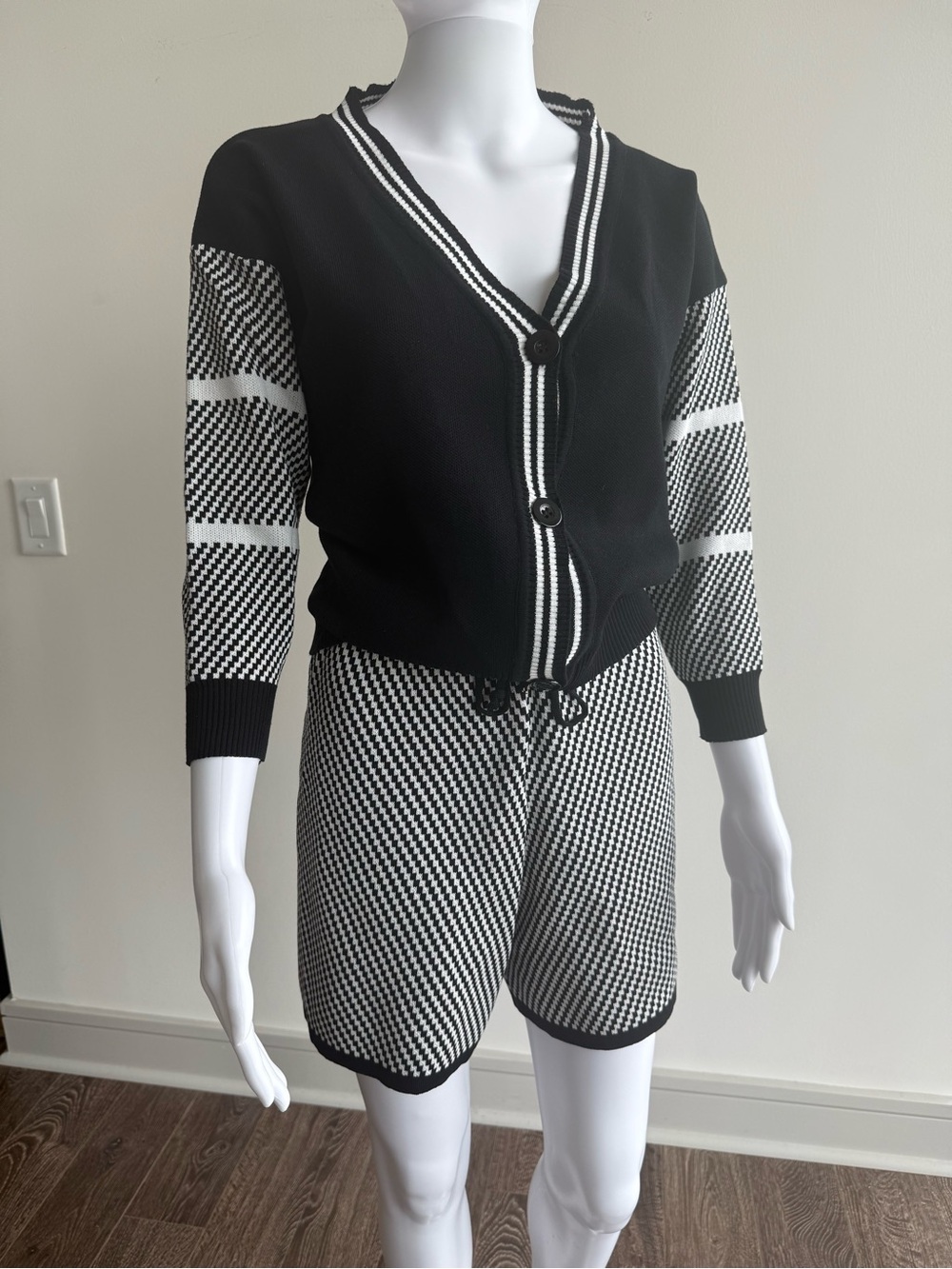 Black & White Knit Two-Piece Set - Cardigan & Shorts